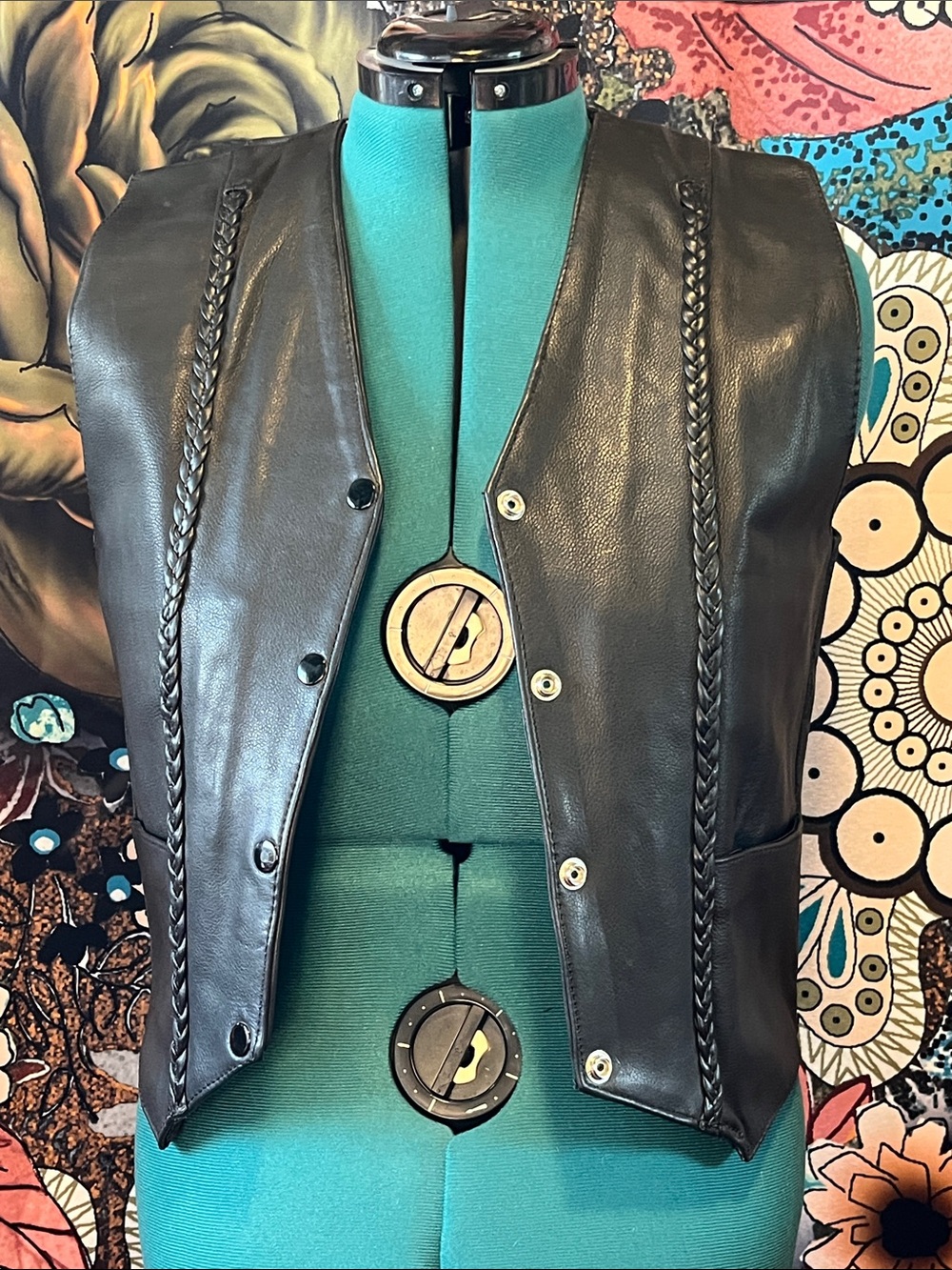 Unik braided black leather men’s vest new without tags.